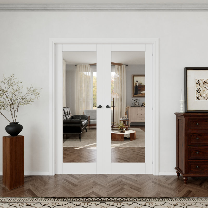 Intérieur de la porte en verre transparent 1-Lite, portes françaises en verre trempé CARB P2 en panneau de fibres à densité moyenne et en verre trempé clair, quincaillerie de porte noire matelassée avec serrure, loquet et charnières, pré-fini et imperméable, garde-manger, chambre à coucher, salle de bain et garde-robe 60 po x 80 po