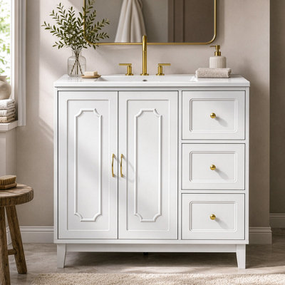 36'' White Bathroom Vanity Cabinet with 3 Drawers and 2 Doors-without Top