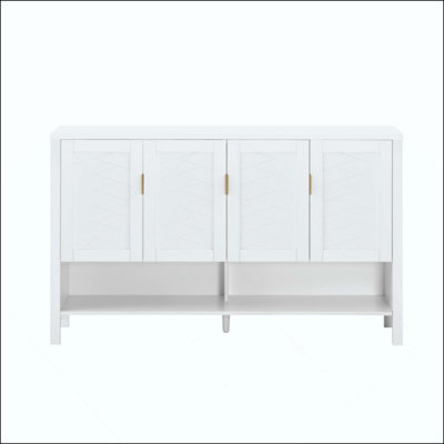 Buffet de rangement à 4 portes, buffet multifonctionnel avec tablette ouverte et 2 tablettes réglables à 2 niveaux, armoire moderne avec crochets doubles, convient au salon, au couloir, à la salle à manger et au bureau.