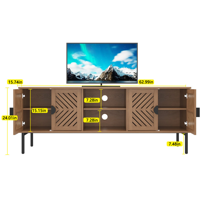 Meuble télé 63 po avec tablettes à 2 couches, Bois