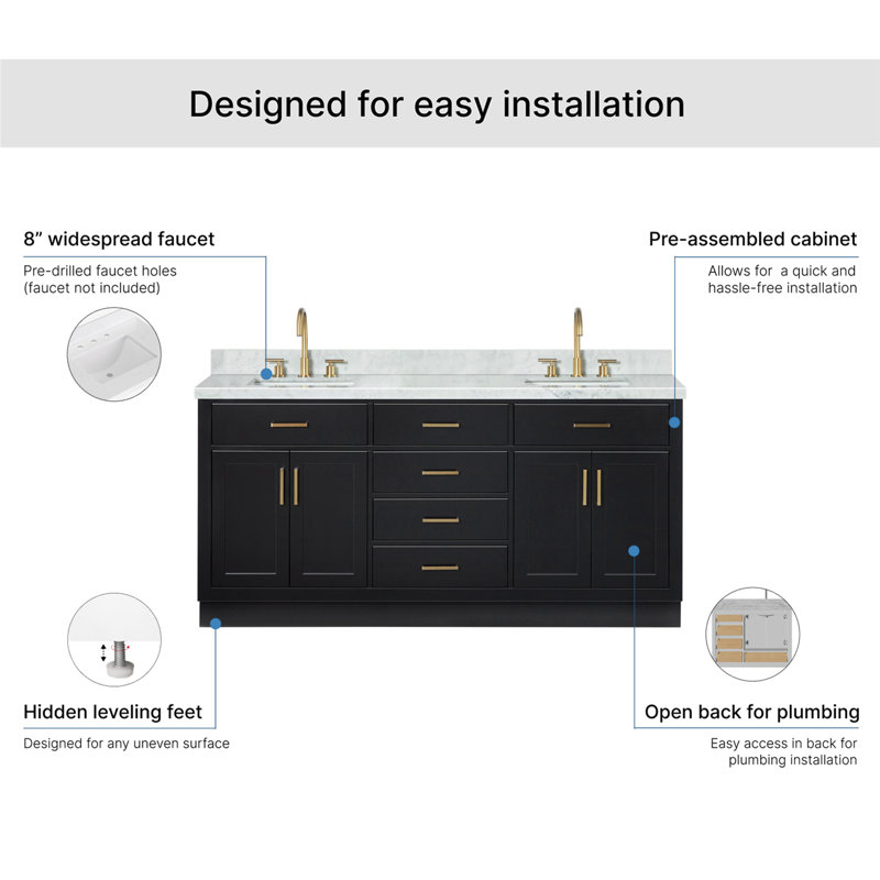 ARIEL HEPBURN 73 IN DOUBLE RECTANGLE SINK VANITY 1,5 IN, Black, 73", Rectangular
