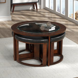 Solid Wood Glass Top Round Table Set, Coffee Table With 4 Stools