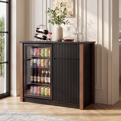 Mini Fridge Cabinet With Power Outlet,39.4"W Coffee Bar Cabinet With Fridge Space,Buffet Sideboard With Wine Rack And Storage Shelves,Liquor Cabinet For Kitchen,Dining Room,Black