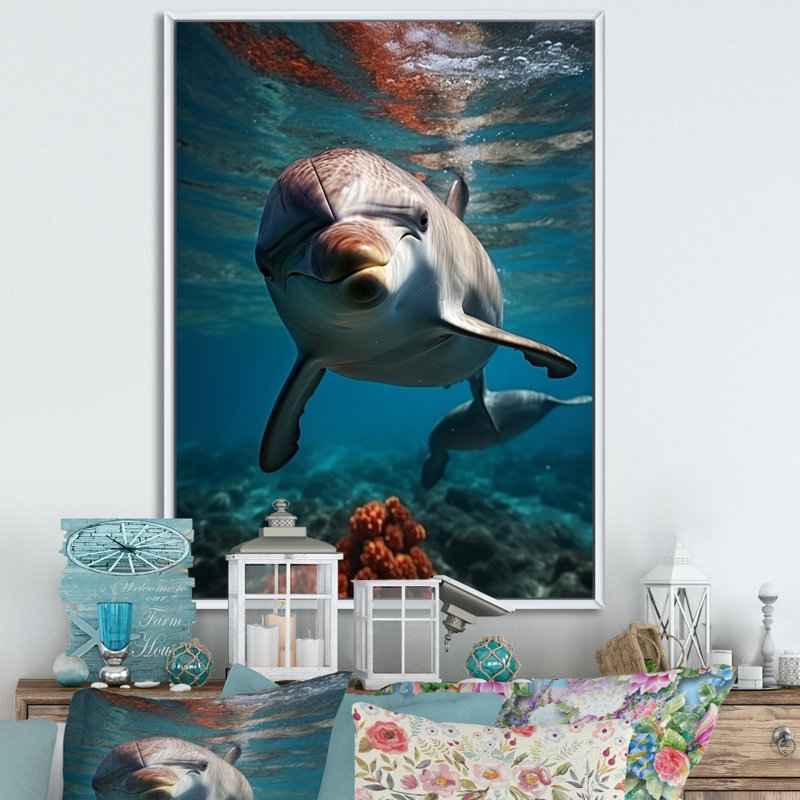 «Dolphin Serene Swim I» sur toile, Cadre flottant blanc, H 20 po x l 12 po x P 1 po