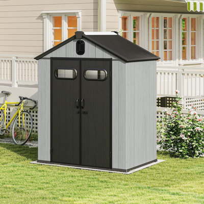 5X3ft Outdoor Resin Storage Shed With Transparent Windows & Louvered Vents, Plastic Tool Shed With Double Lockable Doors & Gable Roof, Outside Garden Shed For Backyard, Patio, Lawn, Gray