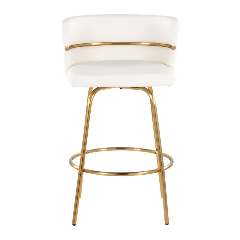 Sone 26" Faux Leather Fixed-Height Counter Stools with Round Footrest, White Faux Leather/Gold Frame