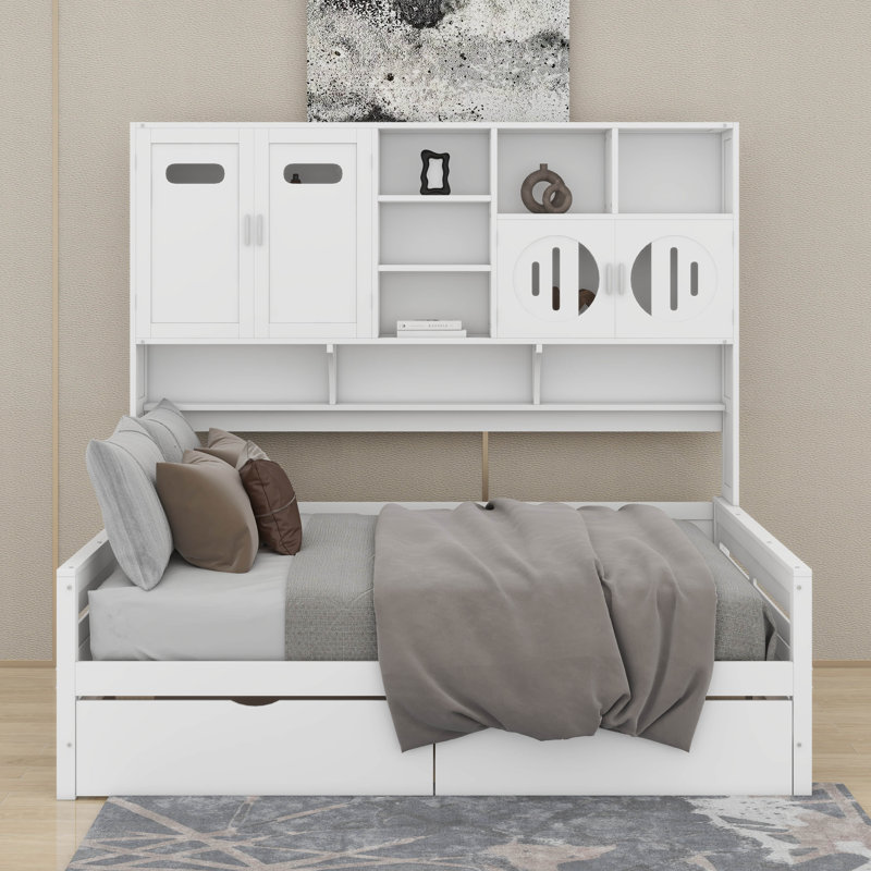 Lit de jour en bois avec tiroirs, Complet/Double, Blanc