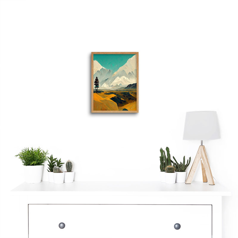 Lone Tree Snowy Mountain Abstract Landscape - Print, Light Brown Framed Paper, 25.9cm H x 20.6cm W