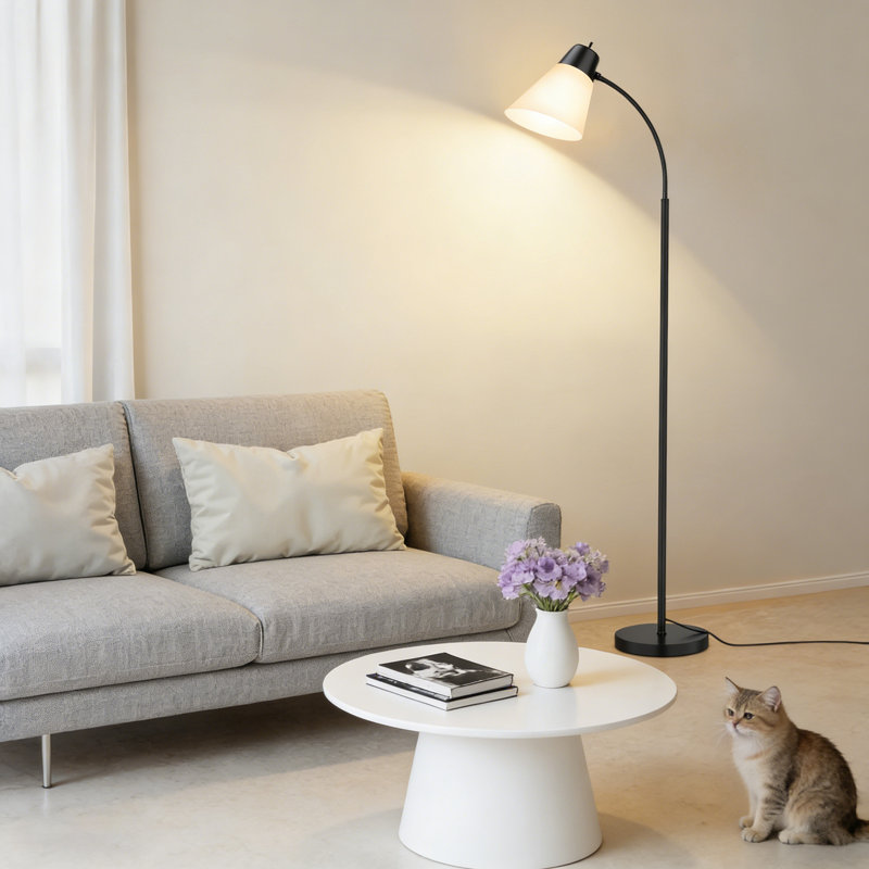 Floor Lamp, Adjustable Reading Floor Lamp With White Plastic Shade, Black