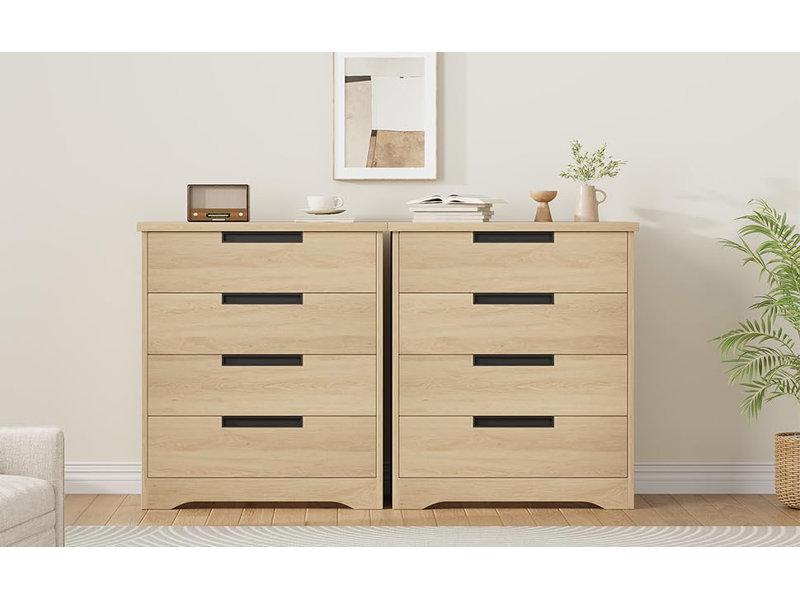 Commode 4 tiroirs en naturel - Armoire de rangement en bois avec poignées intégrées pour le salon, la chambre de bébé, le couloir ou l'entrée