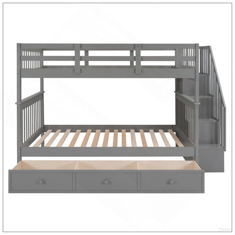 Lit superposé double avec tiroir, rangement et barrière de sécurité pour chambre à coucher Stairway, Grey