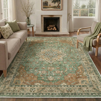 Roehit Safran Floral Machine Washable Green/Orange/Brown Indoor Oriental Performance Area Rug with Non-Slip Backing