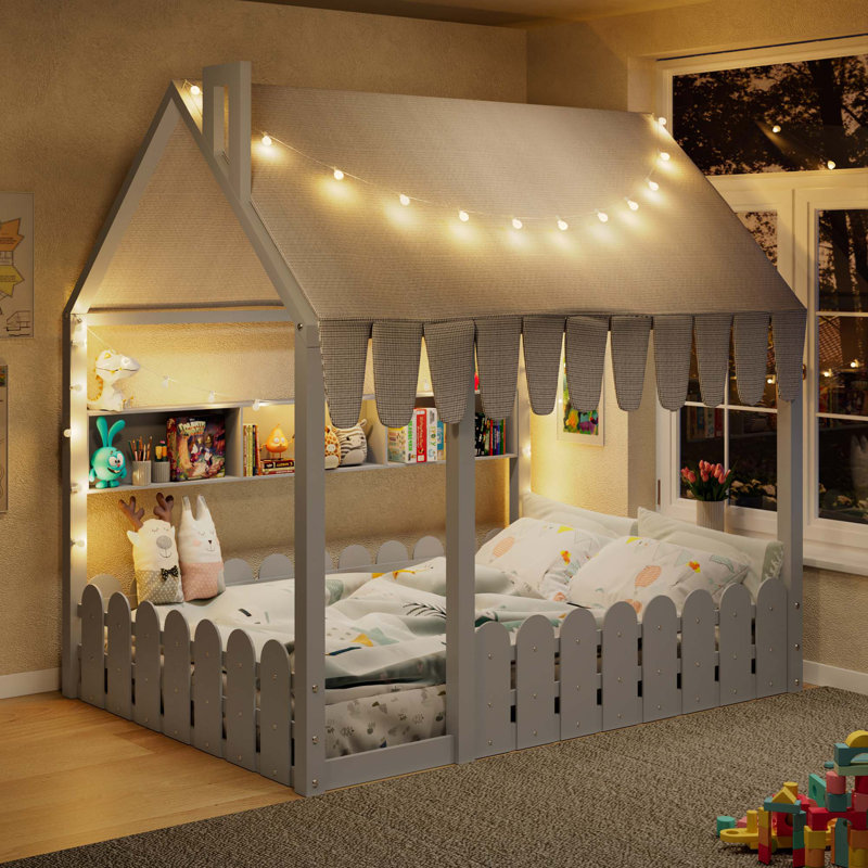 Lit maison Montessori avec garde-corps et rangement intelligent, Full, Grey