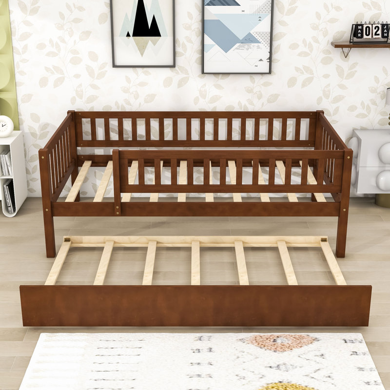Wood Daybed with Twin Trundle and Guardrails, Walnut, Twin