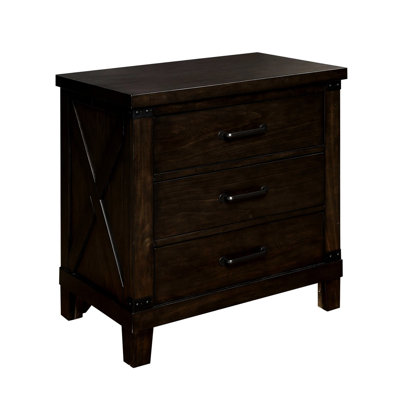 Dark Walnut Rustic Solid Wood 3 Bedside Table With Black Bar Pulls For Bedroom Use Finish Cabinet Pull Handles