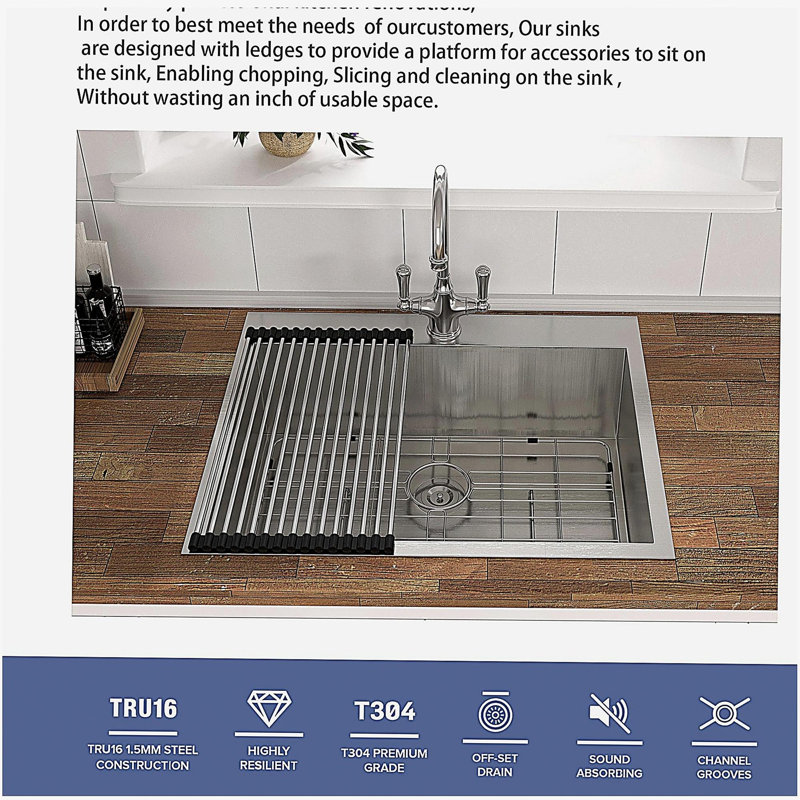25x22x9 inch Kitchen Sink Drop In 16 Gauge Stainless Steel 25" Single Bowl Topmount Kitchen Sink Basin