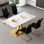 Ensemble de table de salle à manger et de chaises en verre pressé à motif de marbre avec décoration dorée: table pliable de 63 pouces et 6 fauteuils en forme de U - Style moderne et minimaliste