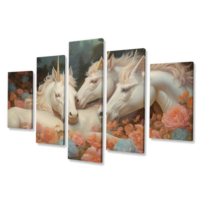 Cute Unicorns Sleeping Together In Flowerfield II - Fantasy Unicorn Canvas Wall Art - 5 Panels