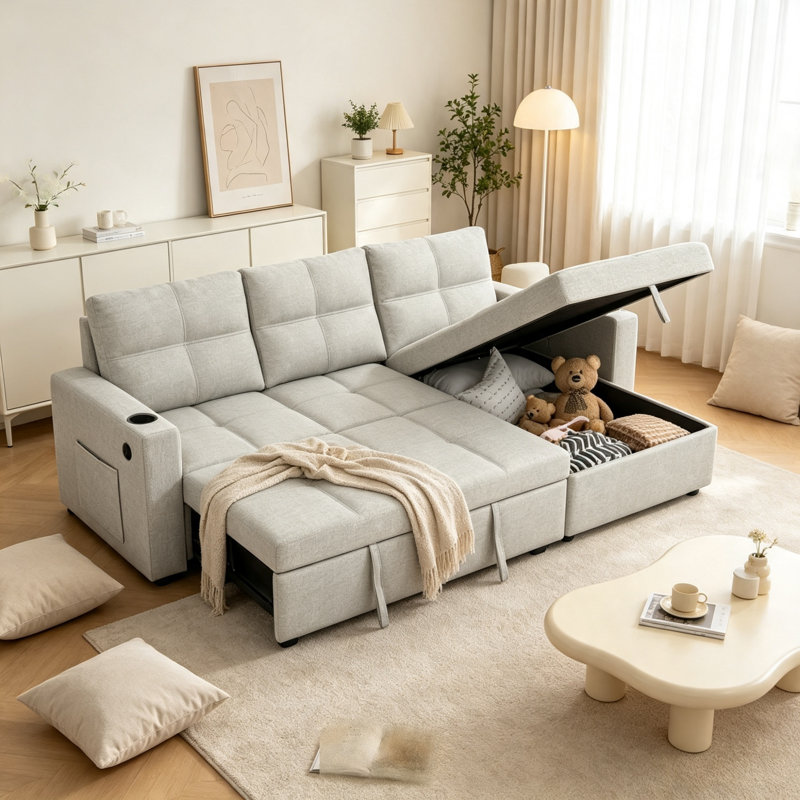 Canapé-lit d'angle de 216 cm avec lit gigogne, port USB, porte-gobelets et rangement, Lin beige