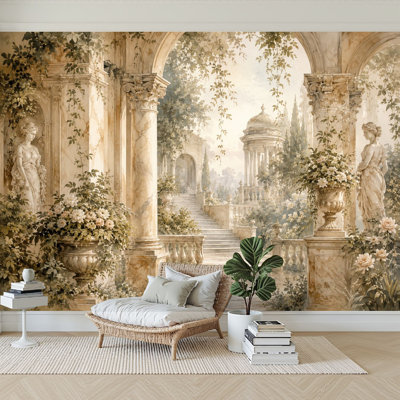 Papier peint adhésif classique de jardin romain Colonnes de jardin Arches Statues Feuillage sépia Papier auto-adhésif amovible de contact mural pour le salon Chambre à coucher H 100 po x l 144 po