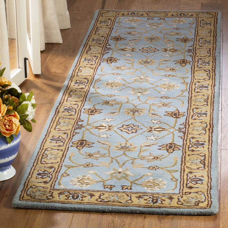 Tapis bleu / doré en laine touffeté à la main Cardwell, Tapis de couloir 2 pi 3 po x 8 pi