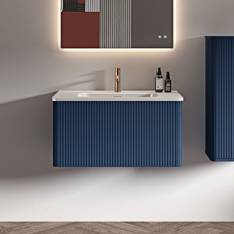 Ensemble de meuble-lavabo simple 29,90 po avec plateau en céramique Marelyn, Blanc/chêne