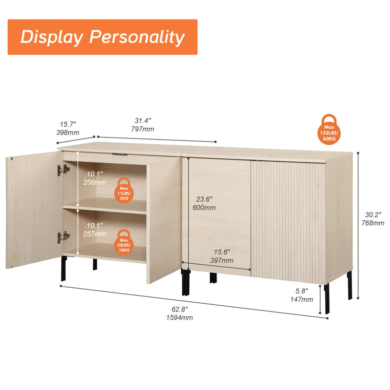 Union Rustic 63" Reeded Accent Cabinet Set With Adjustable Shelves, Modern Credenza Storage Cabinet With Doors For Living Room, Kitchen, Dining Room, Hallway