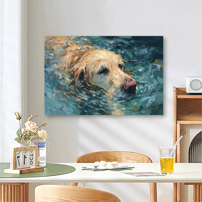 «Calmer Blue Art» de Golden Retriever nageant dans l'eau, grande reproduction d'art sur toile tendue pour salon et chambre à coucher
