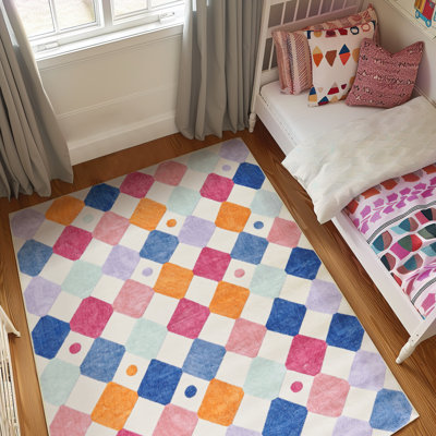Colorful Diamond for Kids Washable Non-slip Rug Berries on Cream