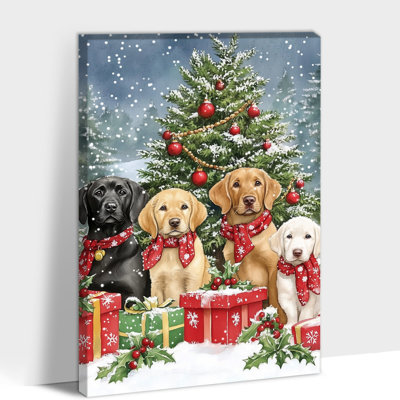 Grande Abiella - peinture de scène d'hiver de chiens festifs, affiche de photos de vacances, œuvre d'art de Noël sur toile tendue pour décoration intérieure, 20 po x 30 po