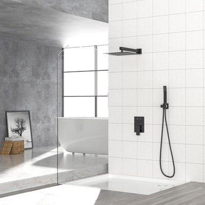 Système mural noir mat mat de pomme de douche 12 po carré - 12 po Scald équilibré, douche de pluie réglable 360 °, portatif pour une utilisation sur mesure avec valve équilibrée, tête mince, rotation et facile