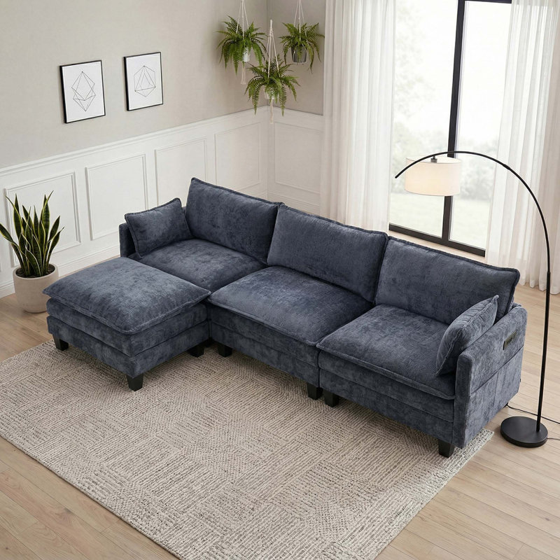Ensemble de canapé moderne en chenille avec chargement USB et repose-pieds modulaire, Chenille bleu