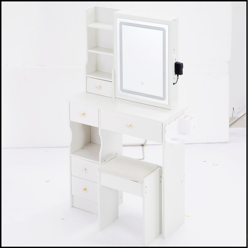 29.2" Small Size Left Drawer Desktop Vanity Table + Cushioned Stool, 2 AC+2 USB Power Station, Hair Dryer Bracket, Extra Large Touch Control Sliding LED Mirror, Tri-Color Switching, Brightness Adjust