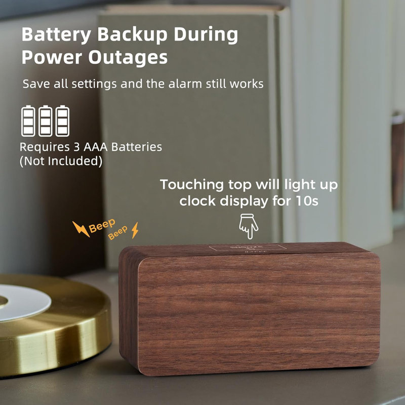Wooden Digital Alarm Clocks For Bedrooms: Dimmable Dual Alarm Clock With Large Numbers For Bedside Desk - Brown