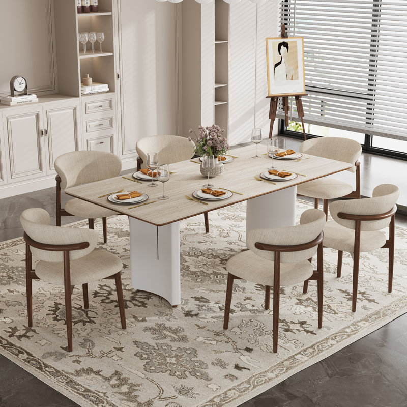 63" Italian Minimalist Dining Table And 6 Chairs Set, Luxury Sintered Stone Kitchen Table With 6 Pre-assembled Chairs, Modern 7-piece Dining Room Furniture Set