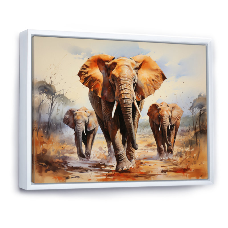 Éléphant d'Afrique, prairies III sur toile, H 30 po x l 40 po x P 1,5 po, Cadre flottant blanc