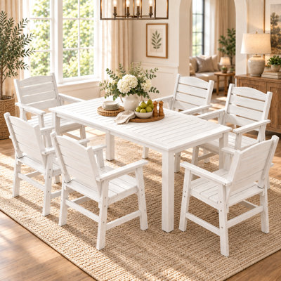 Ensemble de salle à manger d'extérieur 7 pièces pour 6 personnes, comprenant une table de patio rectangulaire HIPS résistante aux intempéries avec trou pour parasol et 6 chaises avec accoudoirs, ensemble de mobilier de jardin moderne en plastique.