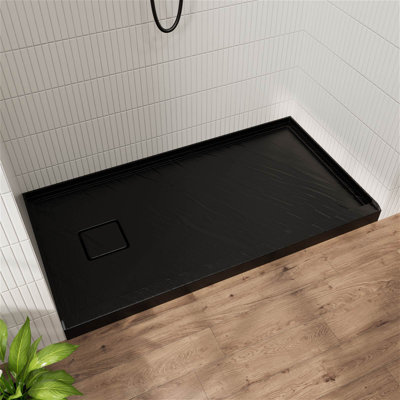 Base de douche en acrylique 60 po x 32 po GT, panneau de douche à seuil simple, antidérapant pour drain à gauche, noir mat avec motif roche