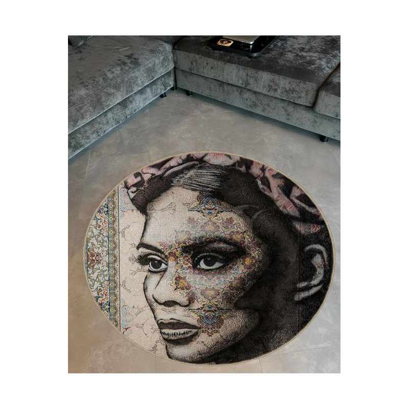 Black And Beige Woven Carpet With A Woman's Face And Ethnic Patterns, Round 5'