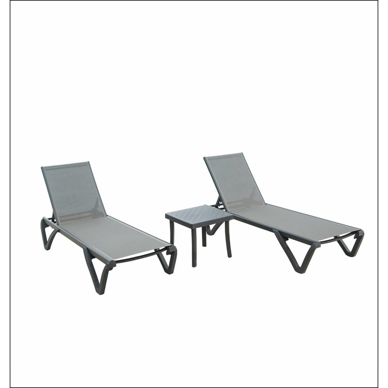 Ensemble de 3 chaises longues pour patio, ensemble de chaises longues d'extérieur en polypropylène et aluminium à 5 positions réglables, table d'appoint pour la plage, la cour, le balcon et la piscine