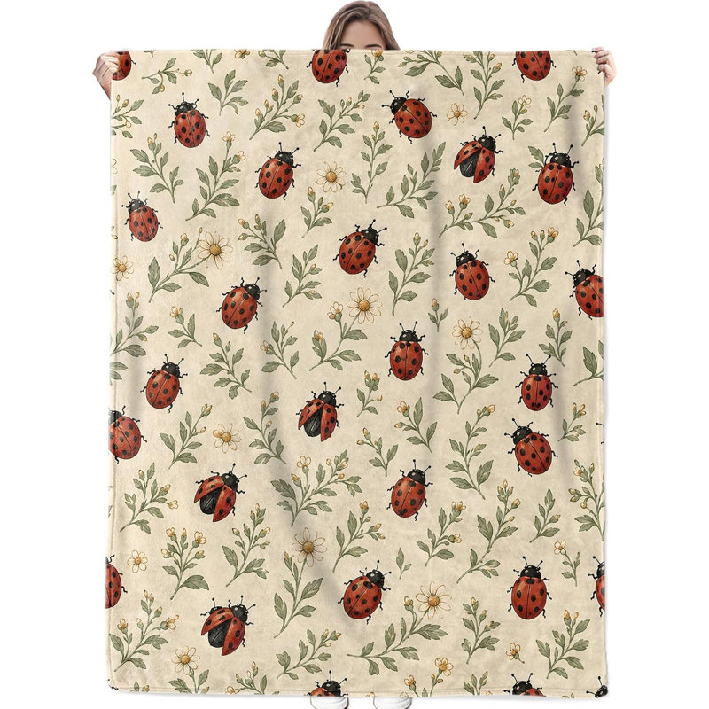 Couverture en flanelle à motif floral botanique et insectes, 101,6 x 127 cm (40 x 50 po), motif coccinelles, 101,6 x 127 cm (40 x 50 po).
