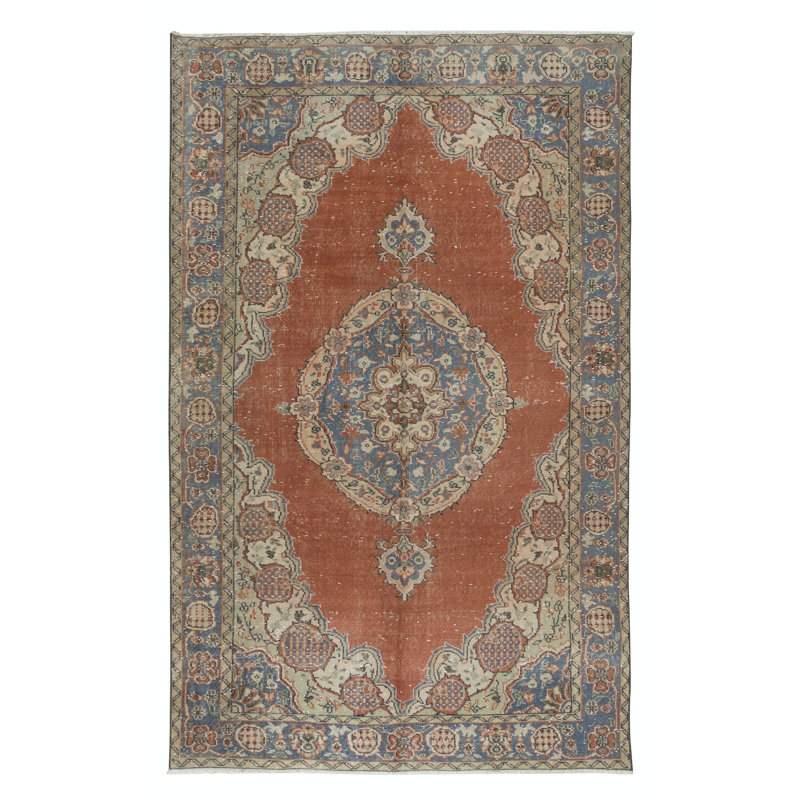 Tapis traditionnel noué à la main. Tapis rétro. Rouge, bleu foncé et beige