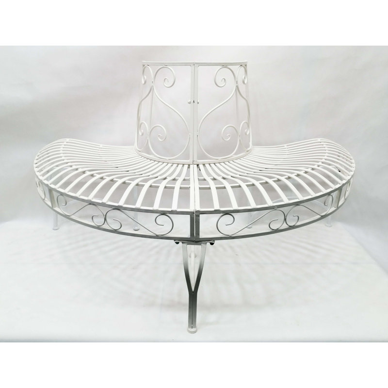 Elegant White Iron Semi-Circle Outdoor Bench
