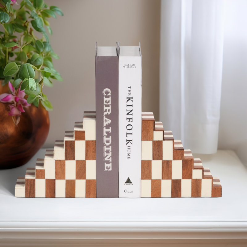 Bookends Wood Resin Geometric Checkered Step Design - Glam Style for Home Office Bedroom Living Room Decorative Support Set of 2 - 6" Ivory & Tan