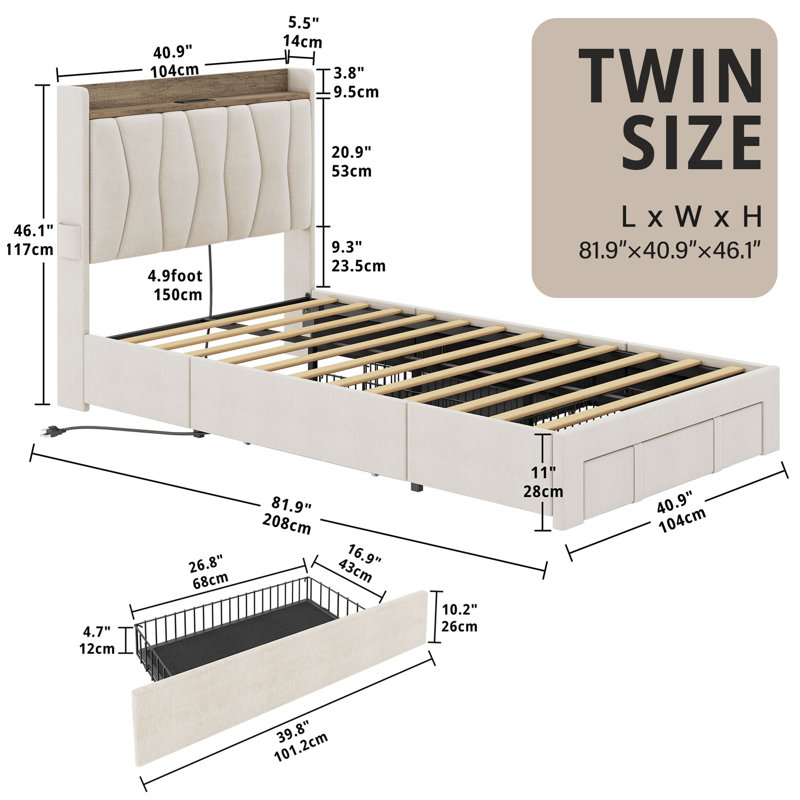 Beige Twin Upholstered Bed Frame with Storage and Charging Station