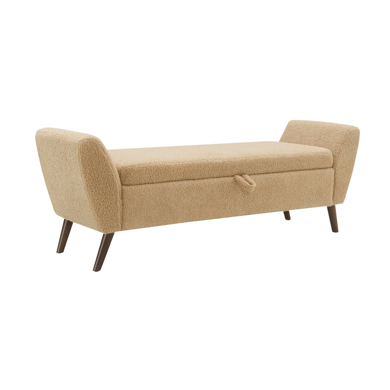 Banc de rangement rembourré en tissu Teddy Mid-Century en tissu, 152 cm, avec pieds en bois, couleur café, idéal pour le salon et la chambre.