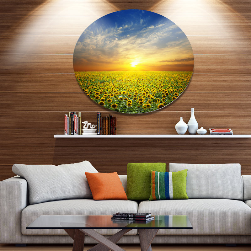 «Beauty Sunset over Sunflowers Field», reproduction de photo sur métal, H 23 po x l 23 po