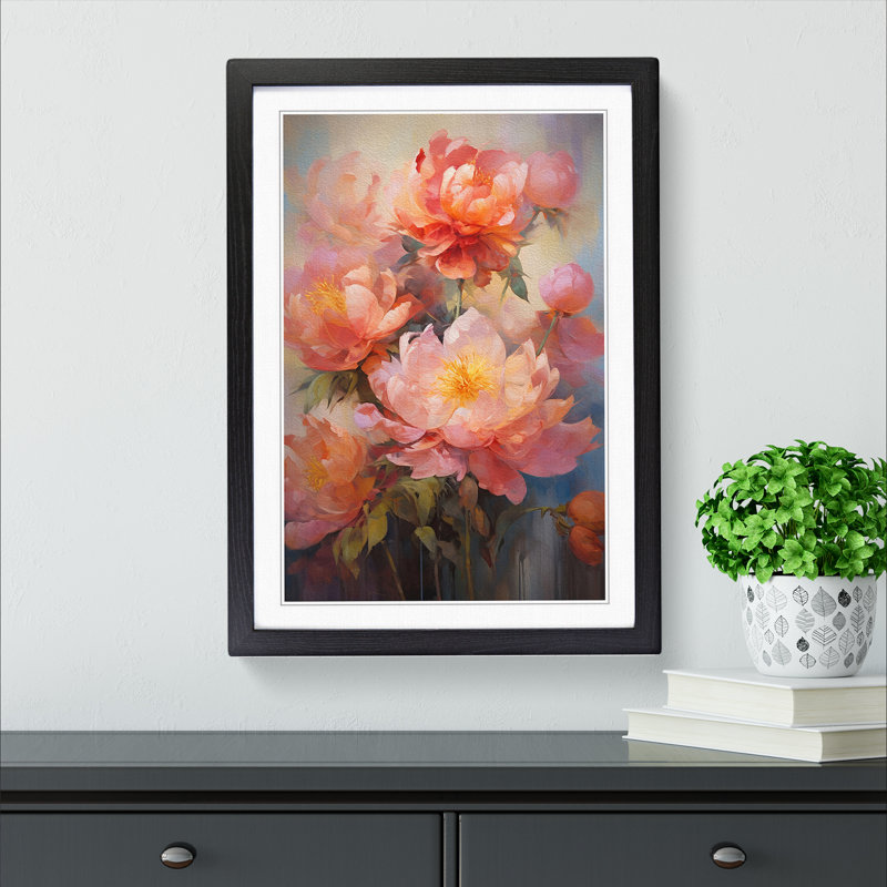 Peony Flower Impressionism No.2 - Single Picture Frame Print on Wood, 46cm H x 34cm W x 2cm D, Black Framed