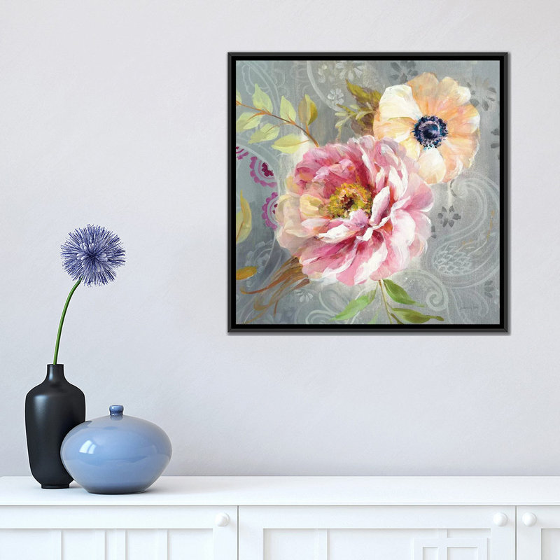 «Peony And Paisley III», reproduction d'impression sur toile tendue, H 18 po x l 18 po x P 1,5 po, Toile avec cadre noir