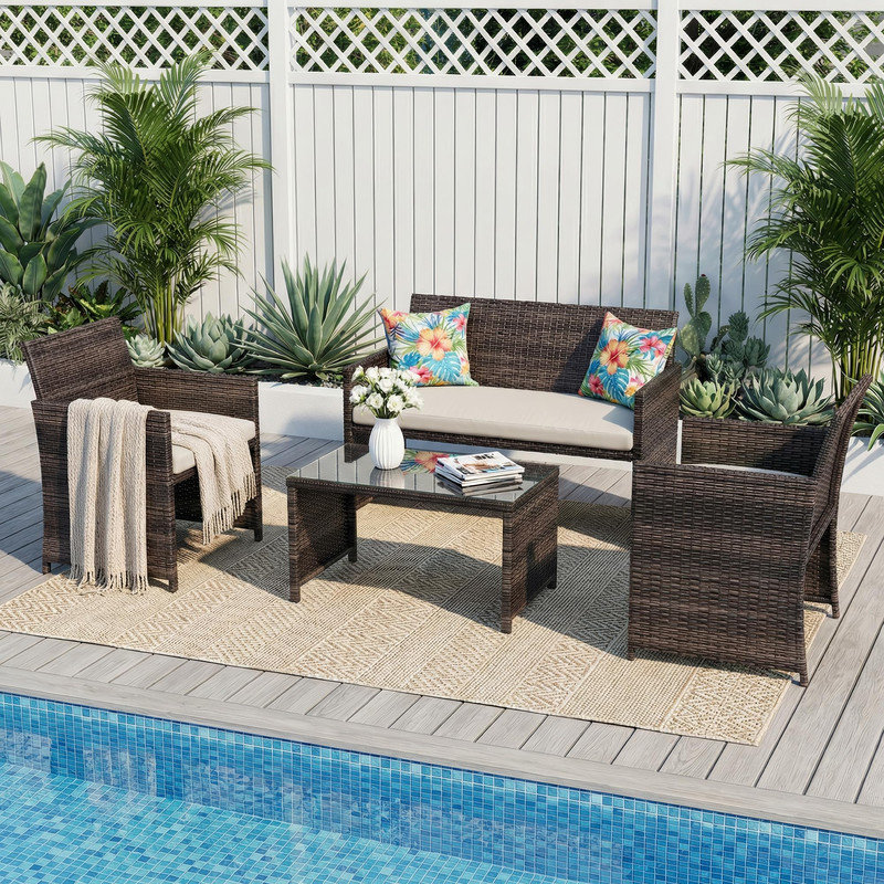 4-Piece PE Rattan Outdoor Conversation Set with Cushions & Tempered Glass Table – All-Weather Wicker Patio Furniture for Backyard, Porch, or Deck